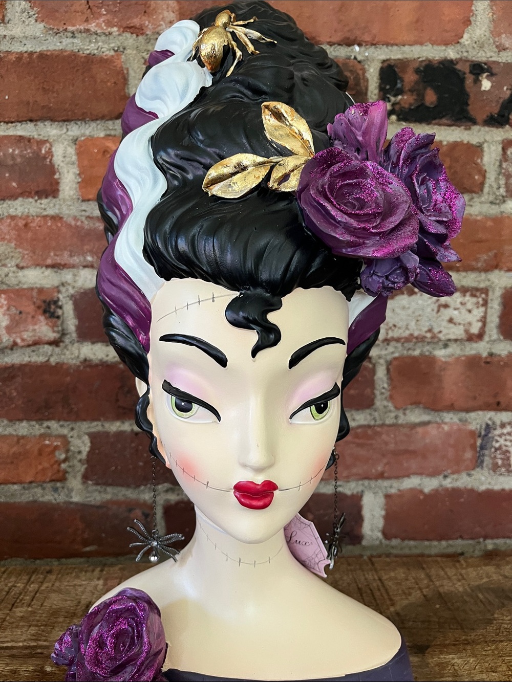 Bride of Frankenstein Purple & Black Halloween Bust Sculpture - Elegant Floral